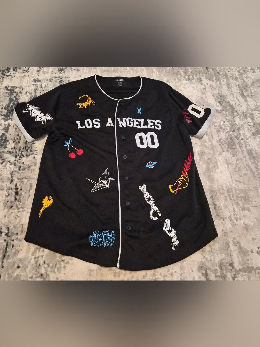 Rue21 Black Los Angeles Graphic Baseball Jersey with Colorful Patches